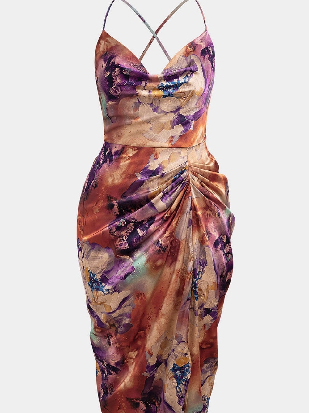 Floral Ruched Satin Midi Dress with Spaghetti Straps - Purple & Brown